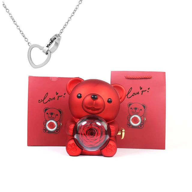 Engraved heart necklace comes in a real rose bear gift box