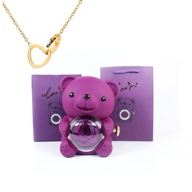 Engraved heart necklace comes in a real rose bear gift box