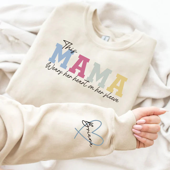 Personalized MAMA Wears Her Heart On Her Sleeve Sweatshirt - CUSTLOVE