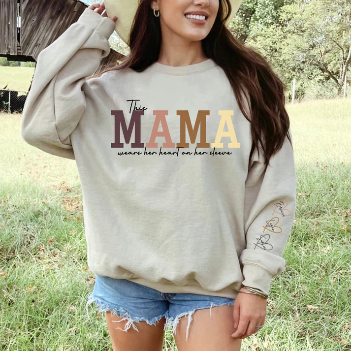 Personalized MAMA Wears Her Heart On Her Sleeve Sweatshirt - CUSTLOVE